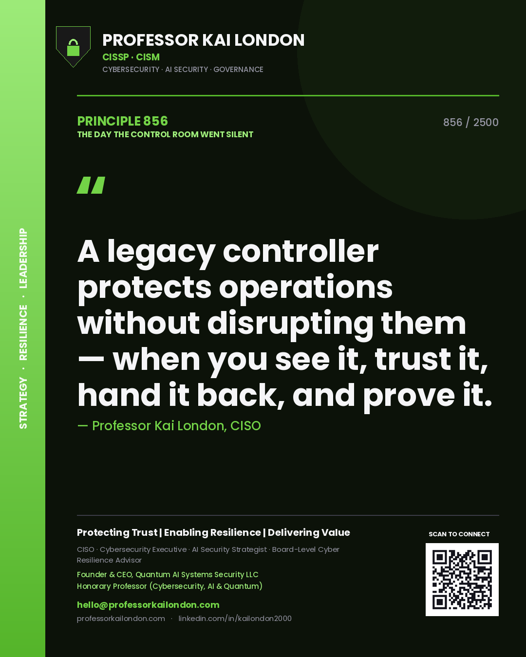 Quote card by Professor Kai London reading 'A legacy controller protects operations without disrupting them — when you see it, trust it, hand it back, and prove it.'. From the book The Day the Control Room Went Silent.