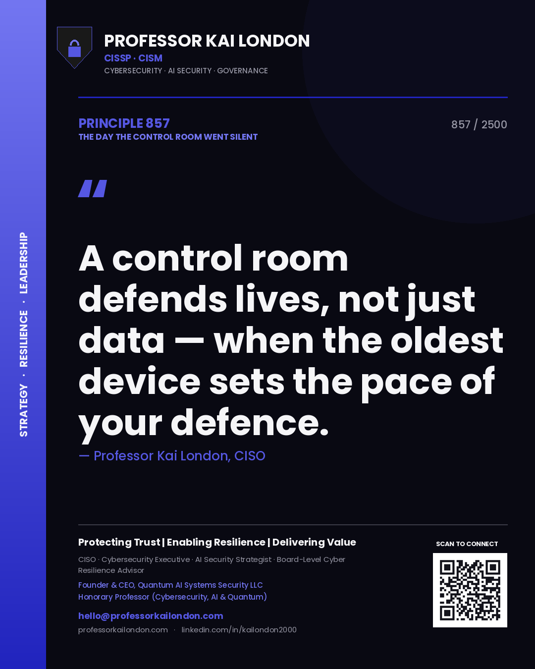 Quote card by Professor Kai London reading 'A control room defends lives, not just data — when the oldest device sets the pace of your defence.'. From the book The Day the Control Room Went Silent.