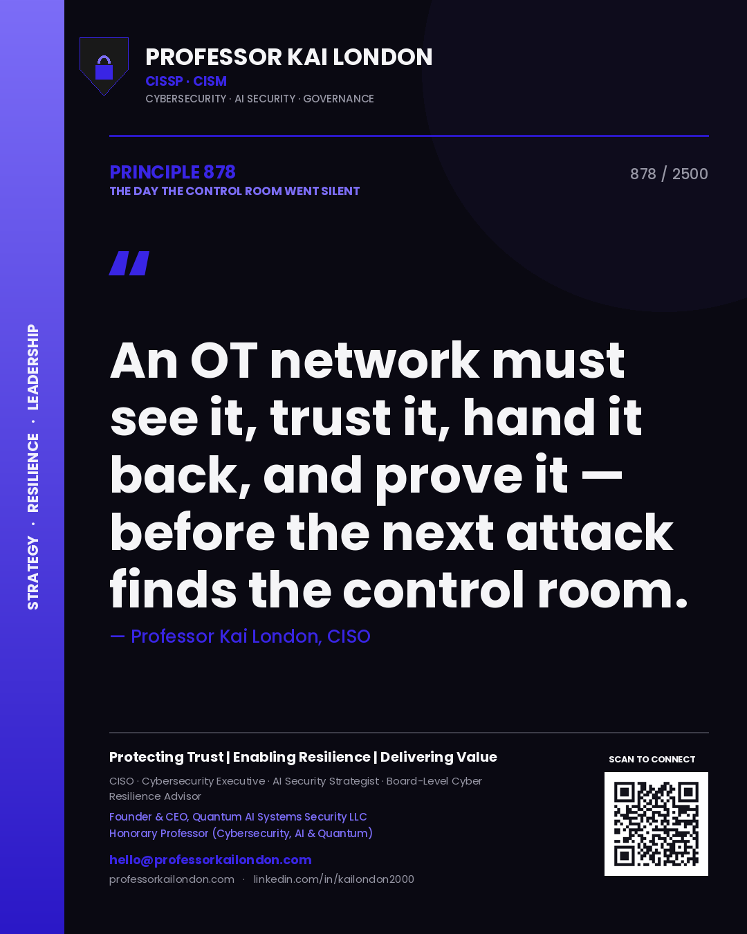 Quote card by Professor Kai London reading 'An OT network must see it, trust it, hand it back, and prove it — before the next attack finds the control room.'. From the book The Day the Control Room Went Silent.