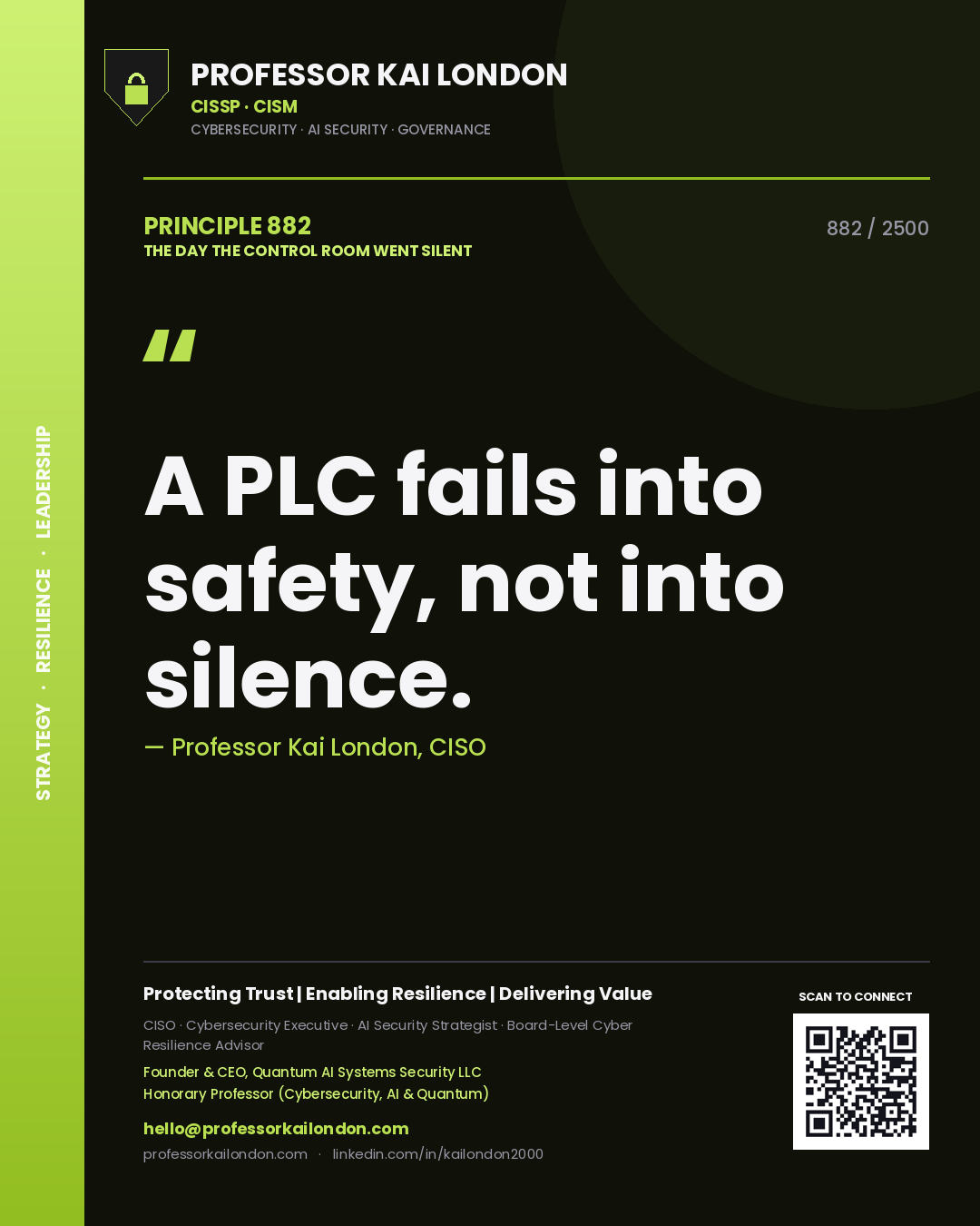 Quote card by Professor Kai London reading 'A PLC fails into safety, not into silence.'. From the book The Day the Control Room Went Silent.