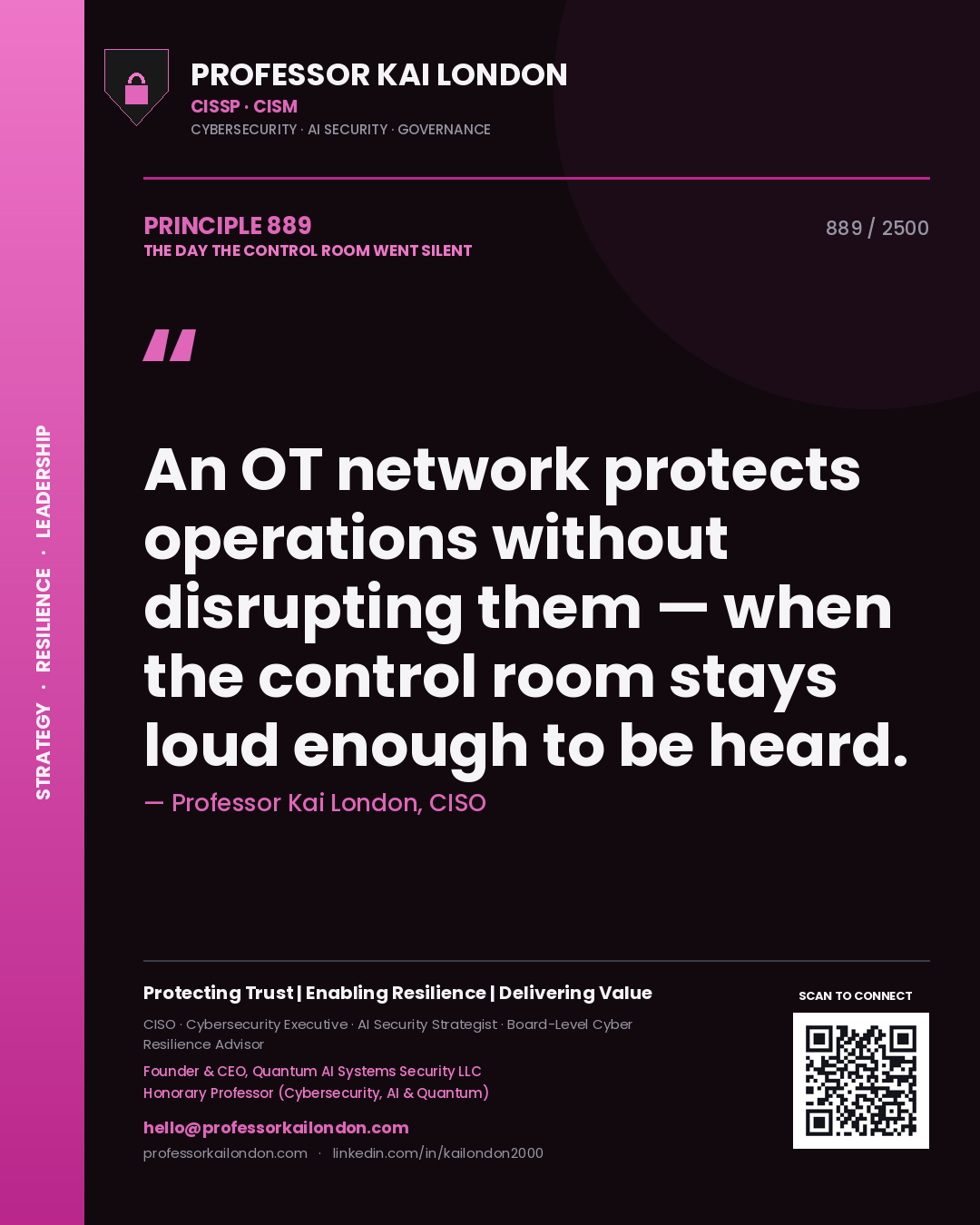 Quote card by Professor Kai London reading 'An OT network protects operations without disrupting them — when the control room stays loud enough to be heard.'. From the book The Day the Control Room Went Silent.