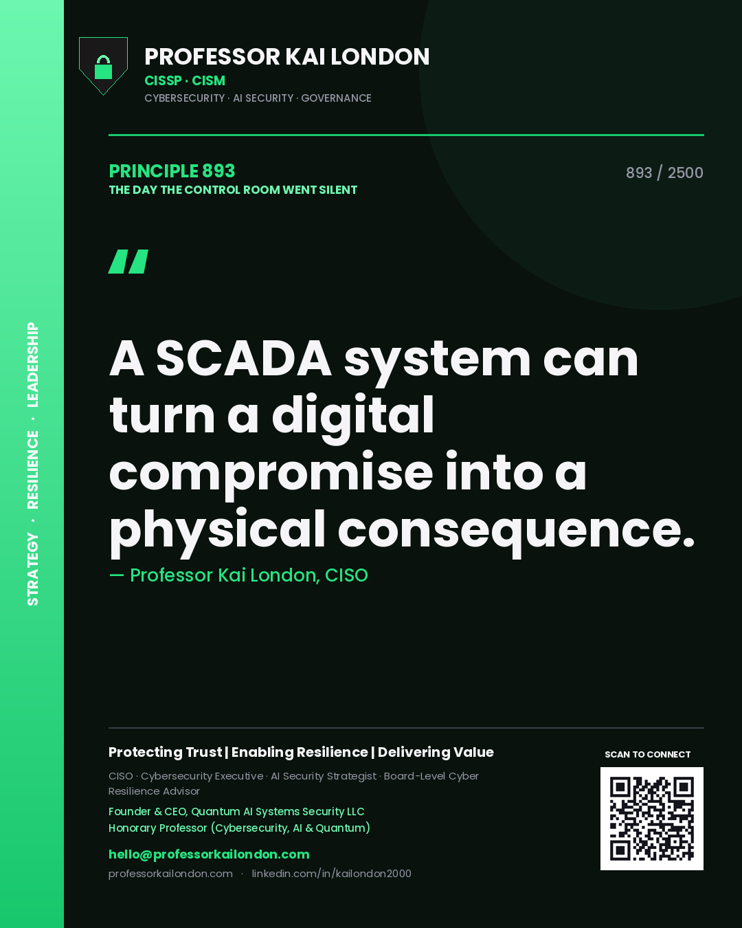 Quote card by Professor Kai London reading 'A SCADA system can turn a digital compromise into a physical consequence.'. From the book The Day the Control Room Went Silent.