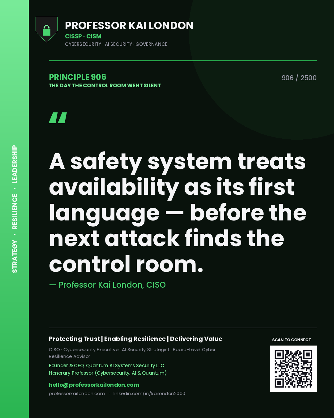 Professor Kai London principle 906: A safety system treats availability as its first language — before the next attack finds the control room.