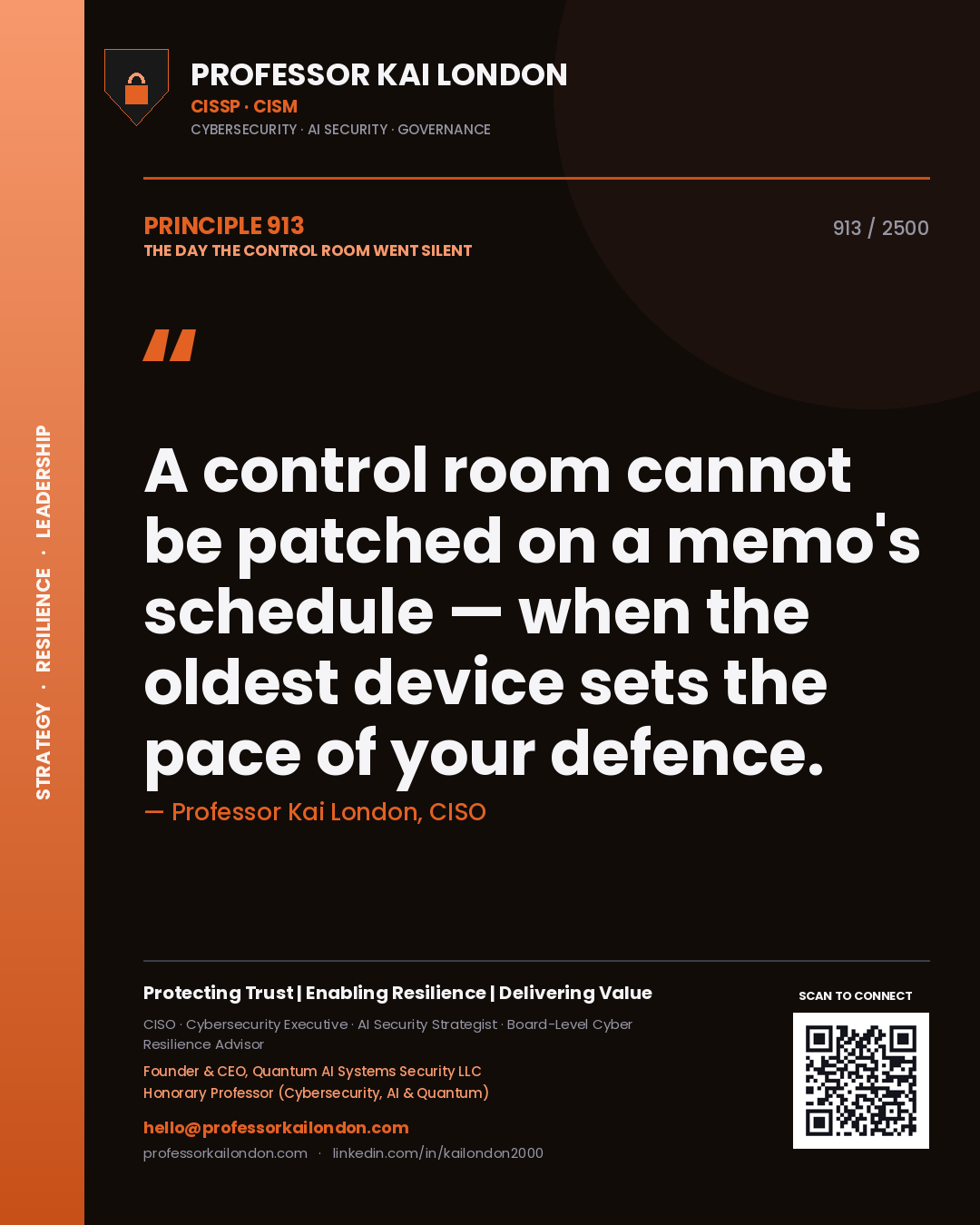 Quote card by Professor Kai London reading 'A control room cannot be patched on a memo's schedule — when the oldest device sets the pace of your defence.'. From the book The Day the Control Room Went Silent.