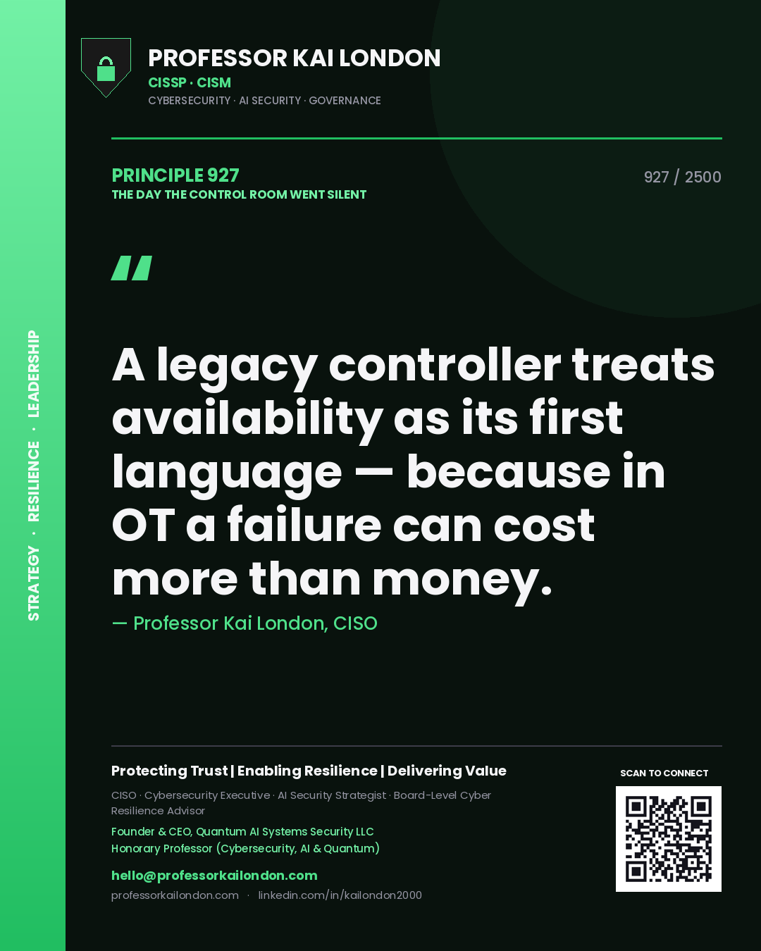 Professor Kai London principle 927: A legacy controller treats availability as its first language — because in OT a failure can cost more than money.