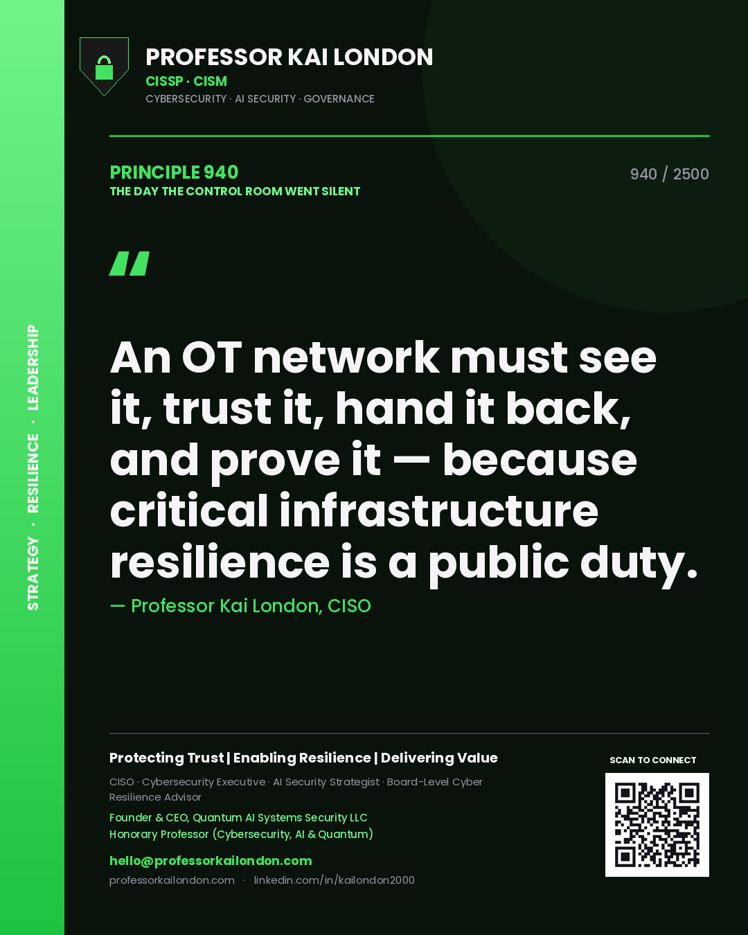 Quote card by Professor Kai London reading 'An OT network must see it, trust it, hand it back, and prove it — because critical infrastructure resilience is a public duty.'. From the book The Day the Control Room Went Silent.