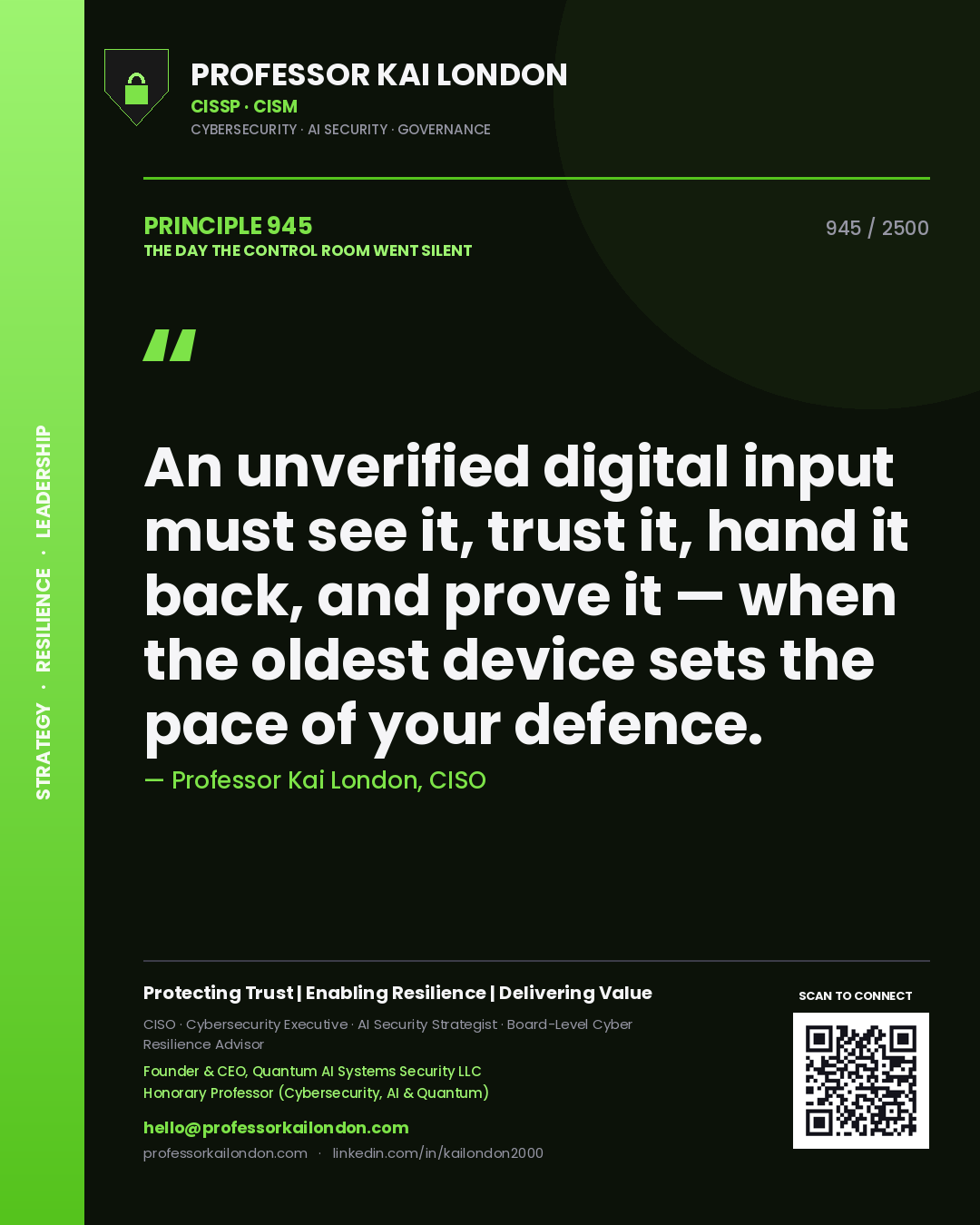 Professor Kai London principle 945: An unverified digital input must see it, trust it, hand it back, and prove it — when the oldest device sets the pace of your defence.