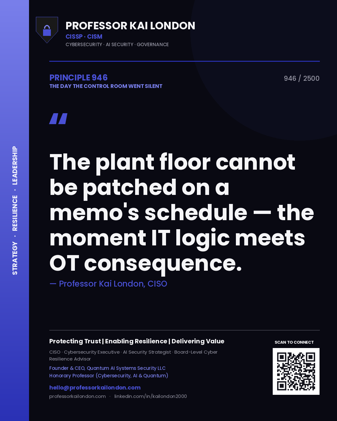 Quote card by Professor Kai London reading 'The plant floor cannot be patched on a memo's schedule — the moment IT logic meets OT consequence.'. From the book The Day the Control Room Went Silent.