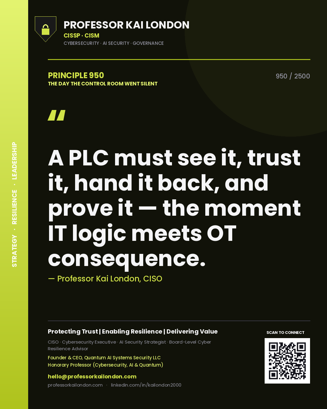 Quote card by Professor Kai London reading 'A PLC must see it, trust it, hand it back, and prove it — the moment IT logic meets OT consequence.'. From the book The Day the Control Room Went Silent.