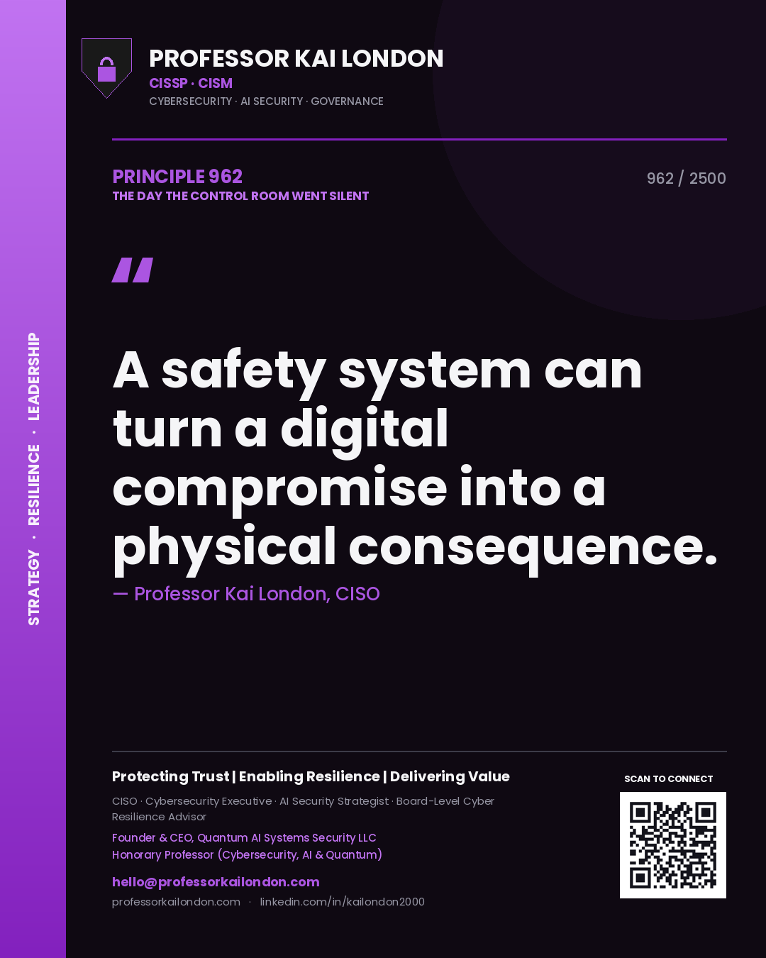 Quote card by Professor Kai London reading 'A safety system can turn a digital compromise into a physical consequence.'. From the book The Day the Control Room Went Silent.