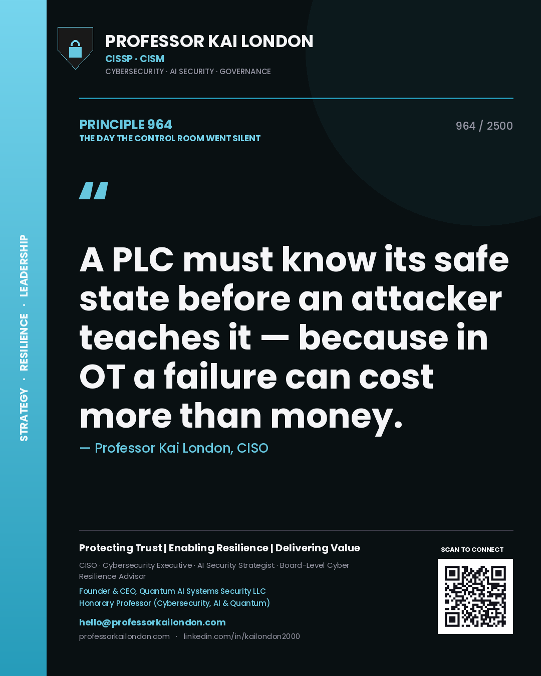 Professor Kai London principle 964: A PLC must know its safe state before an attacker teaches it — because in OT a failure can cost more than money.