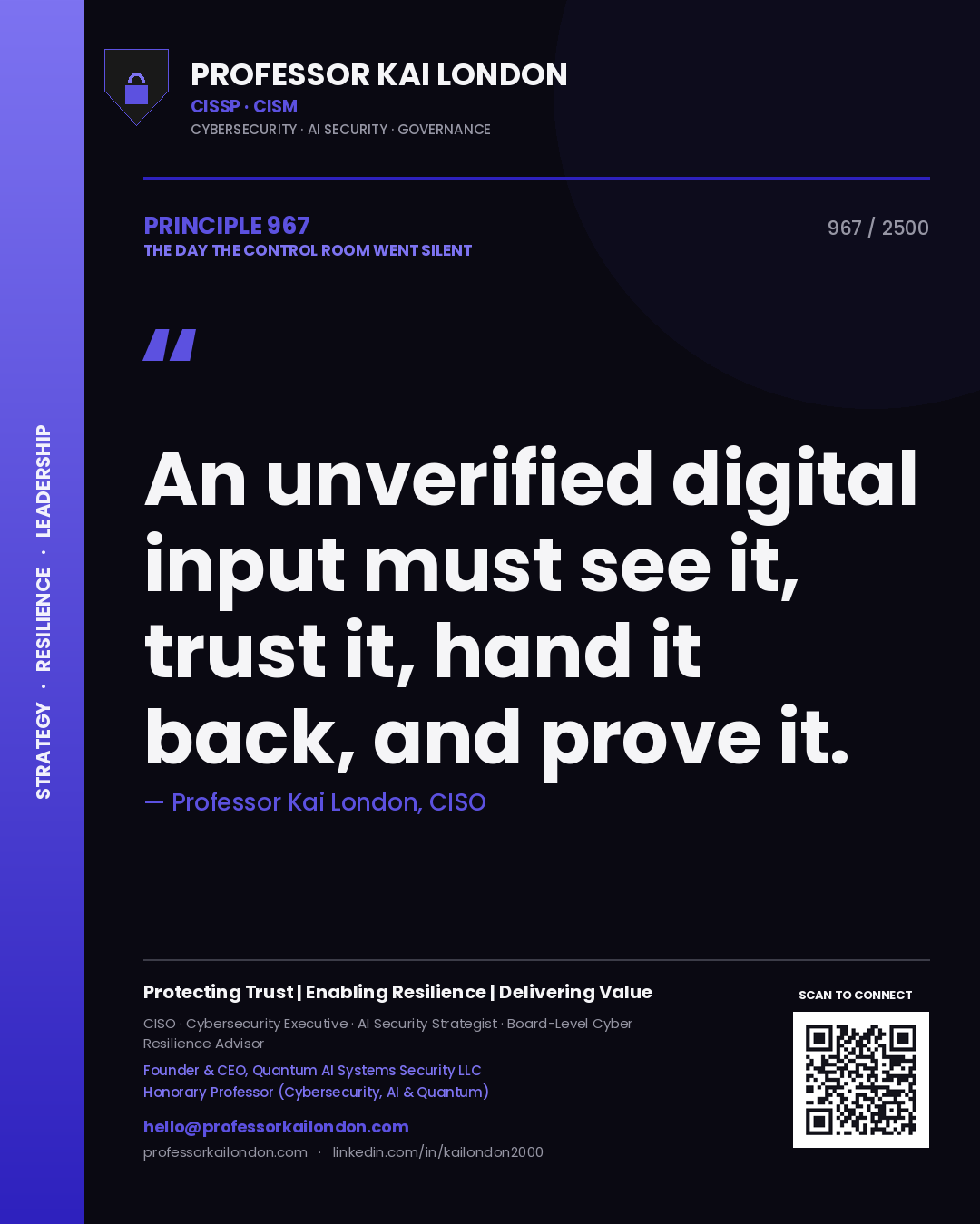 Professor Kai London principle 967: An unverified digital input must see it, trust it, hand it back, and prove it.