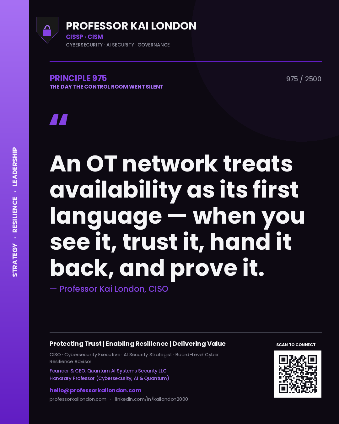 Professor Kai London principle 975: An OT network treats availability as its first language — when you see it, trust it, hand it back, and prove it.