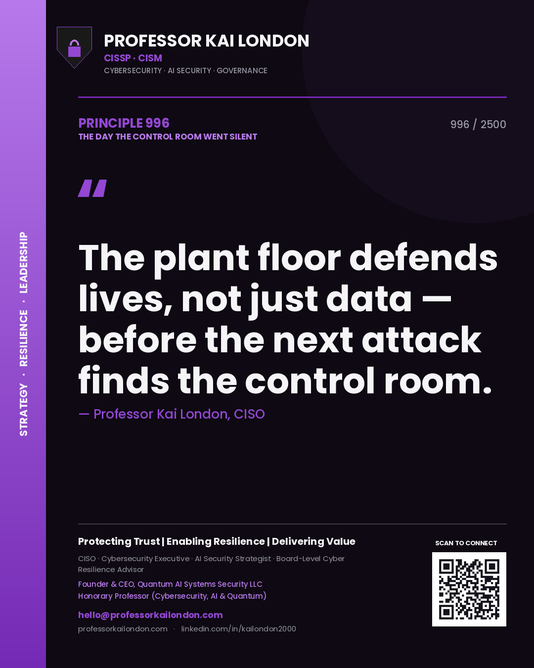 Professor Kai London principle 996: The plant floor defends lives, not just data — before the next attack finds the control room.