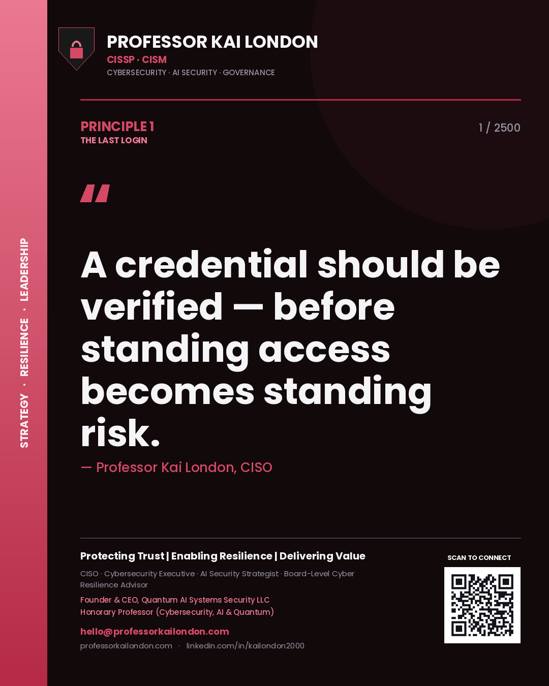 Professor Kai London principle 1: A credential should be verified — before standing access becomes standing risk.