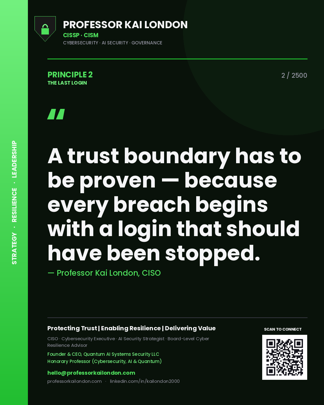 Professor Kai London principle 2: A trust boundary has to be proven — because every breach begins with a login that should have been stopped.