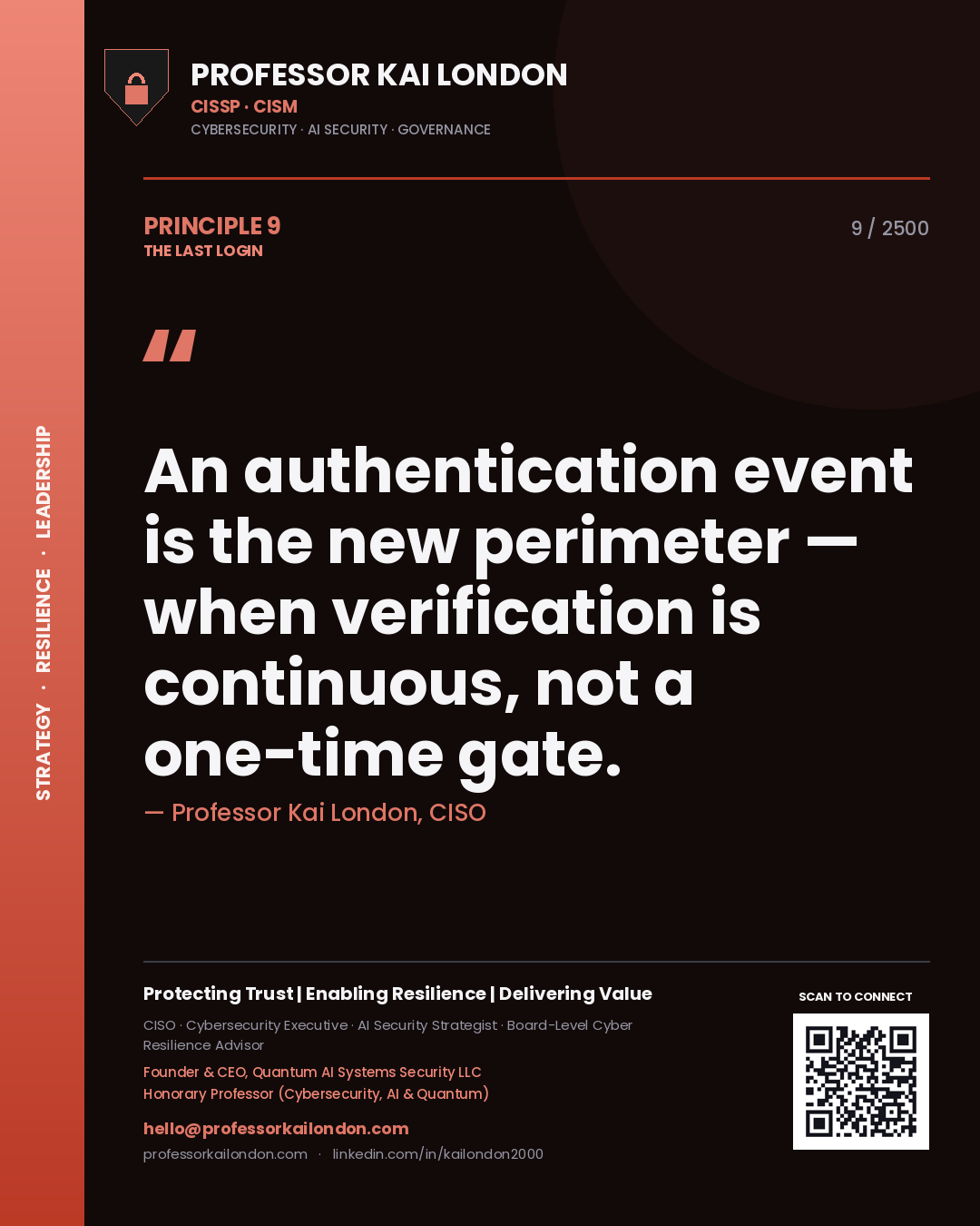 Quote card by Professor Kai London reading 'An authentication event is the new perimeter — when verification is continuous, not a one-time gate.'. From the book The Last Login.