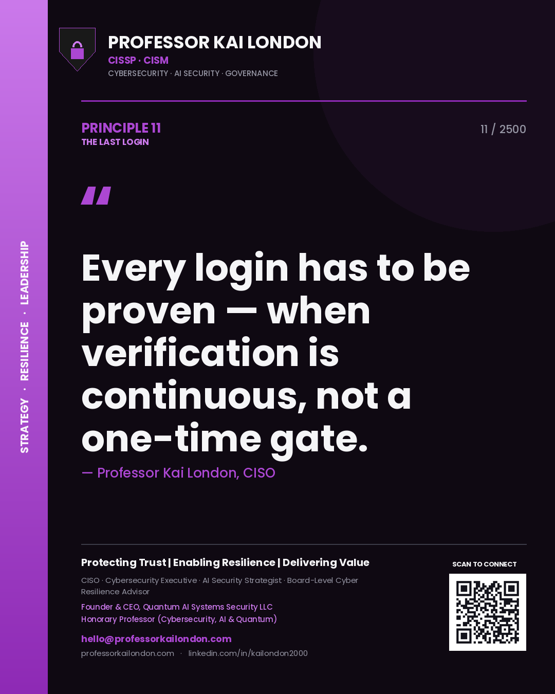 Professor Kai London principle 11: Every login has to be proven — when verification is continuous, not a one-time gate.