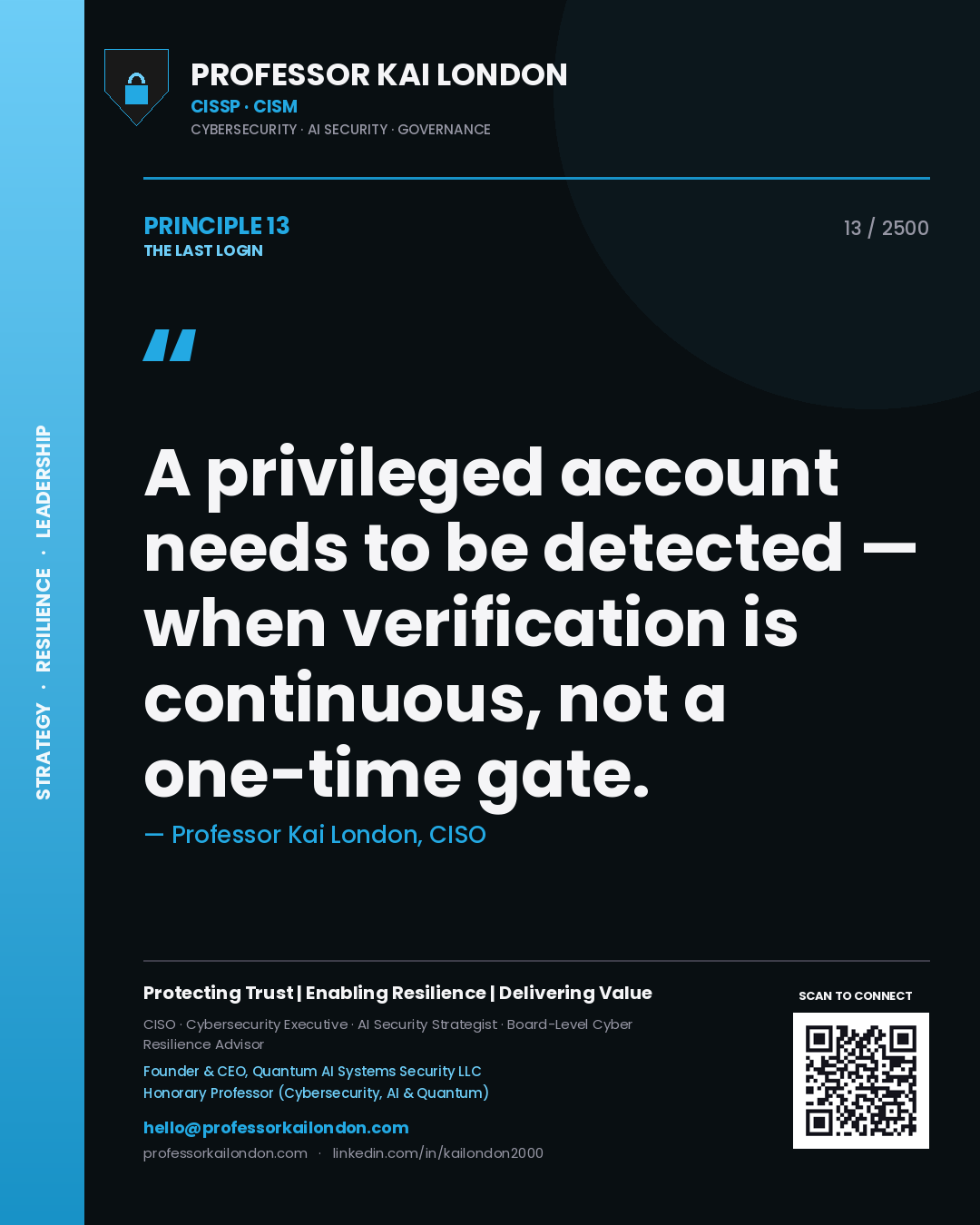 Professor Kai London principle 13: A privileged account needs to be detected — when verification is continuous, not a one-time gate.