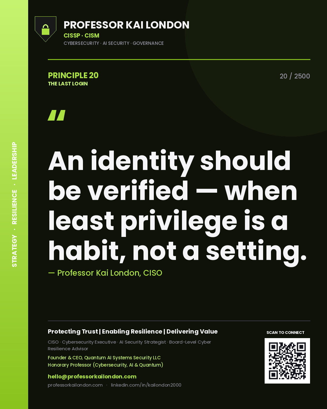 Professor Kai London principle 20: An identity should be verified — when least privilege is a habit, not a setting.