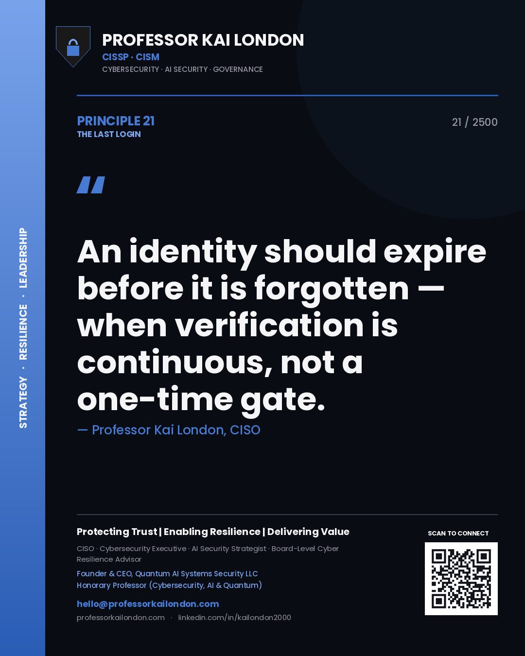 Professor Kai London principle 21: An identity should expire before it is forgotten — when verification is continuous, not a one-time gate.