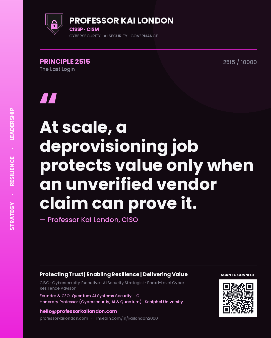 Professor Kai London principle 2515: At scale, a deprovisioning job protects value only when an unverified vendor claim can prove it.
