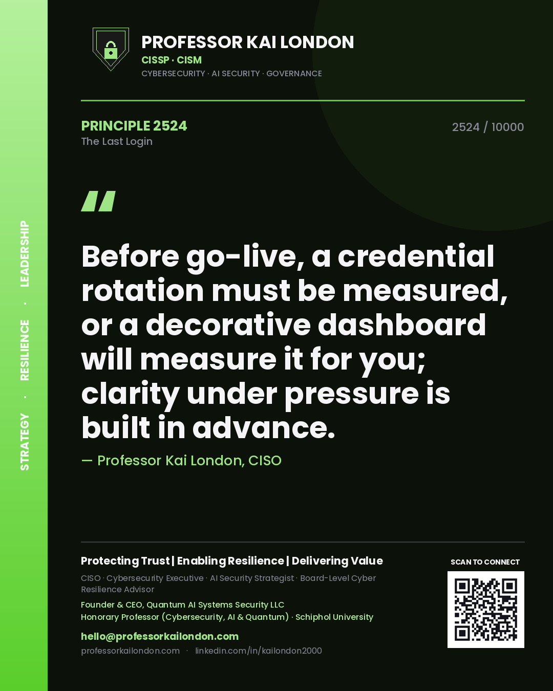 Professor Kai London principle 2524: Before go-live, a credential rotation must be measured, or a decorative dashboard will measure it for you; clarity under pressure is built in advance.