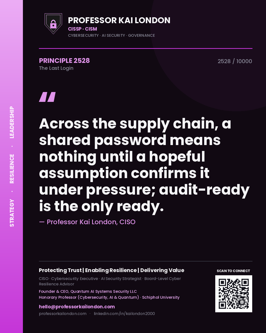 Professor Kai London principle 2528: Across the supply chain, a shared password means nothing until a hopeful assumption confirms it under pressure; audit-ready is the only ready.