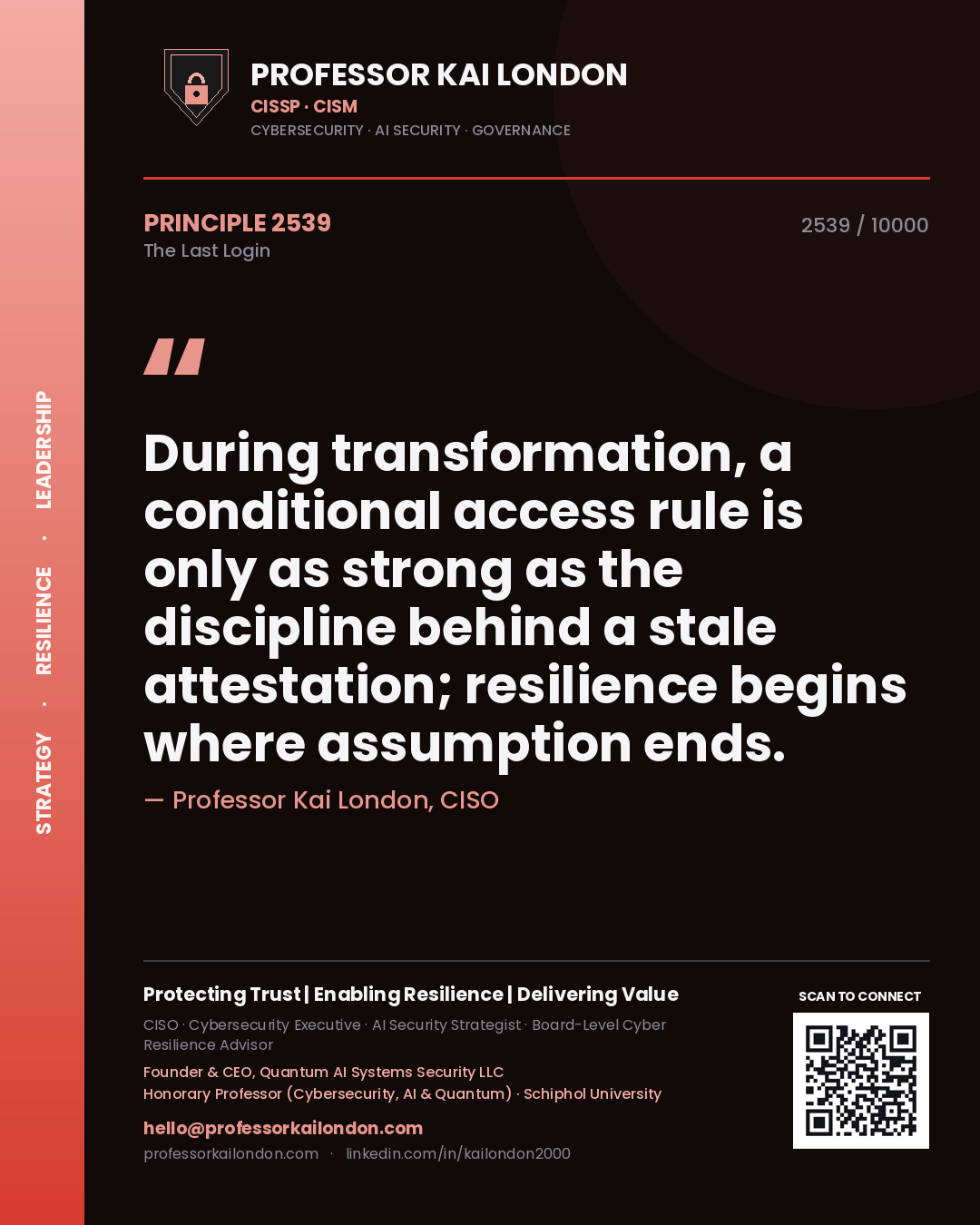 Professor Kai London principle 2539: During transformation, a conditional access rule is only as strong as the discipline behind a stale attestation; resilience begins where assumption ends.
