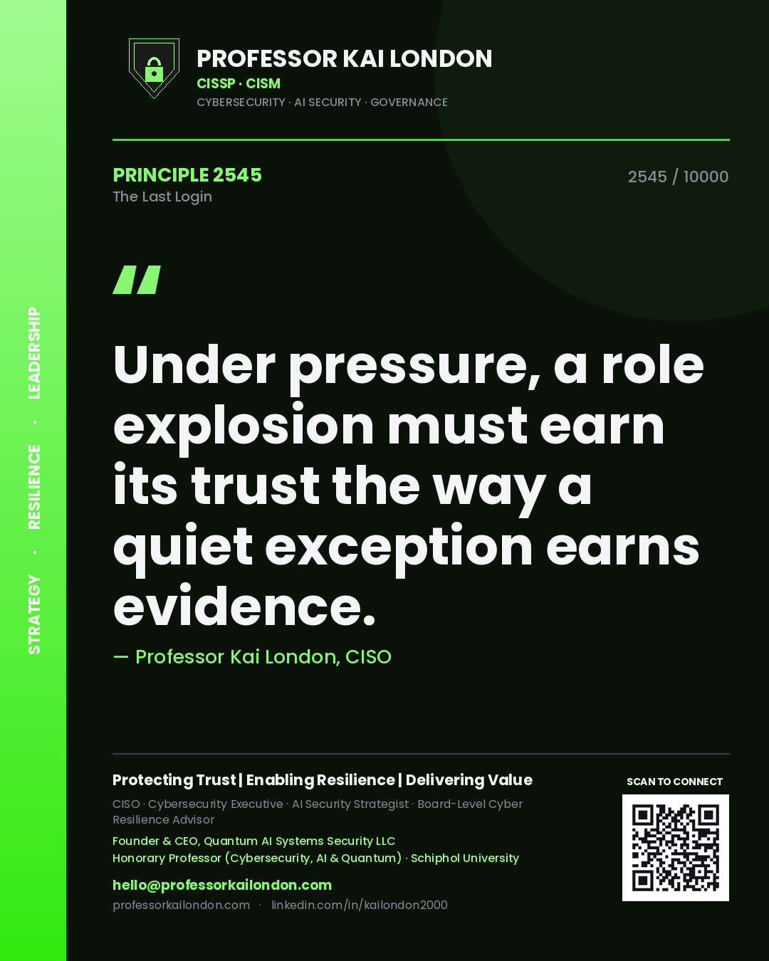 Professor Kai London principle 2545: Under pressure, a role explosion must earn its trust the way a quiet exception earns evidence.
