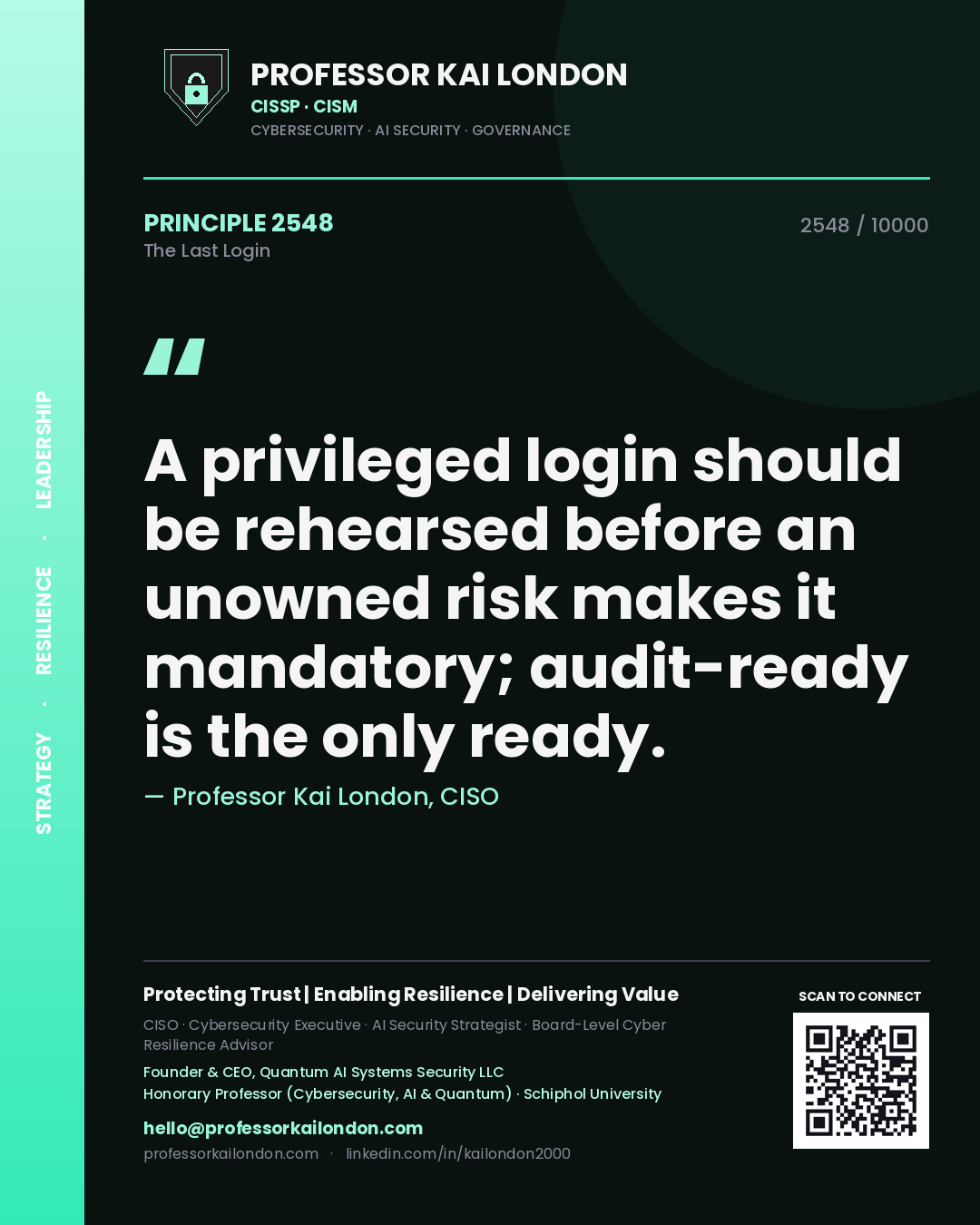 Quote card by Professor Kai London reading 'A privileged login should be rehearsed before an unowned risk makes it mandatory; audit-ready is the only ready.'. From the book The Last Login.