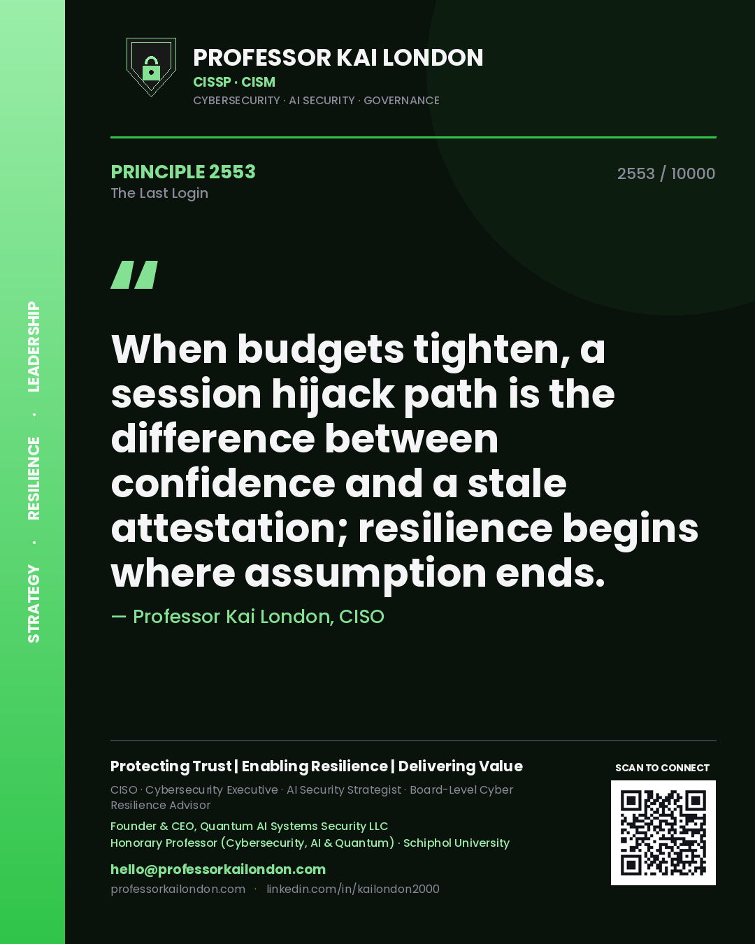 Quote card by Professor Kai London reading 'When budgets tighten, a session hijack path is the difference between confidence and a stale attestation; resilience begins where assumption ends.'. From the book The Last Login.