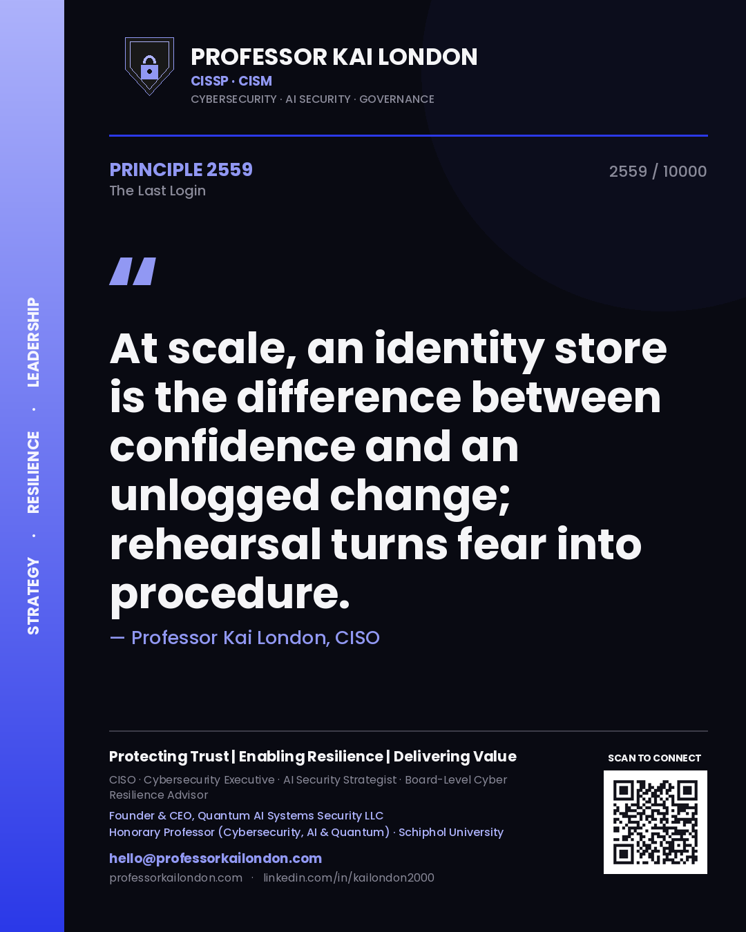 Professor Kai London principle 2559: At scale, an identity store is the difference between confidence and an unlogged change; rehearsal turns fear into procedure.