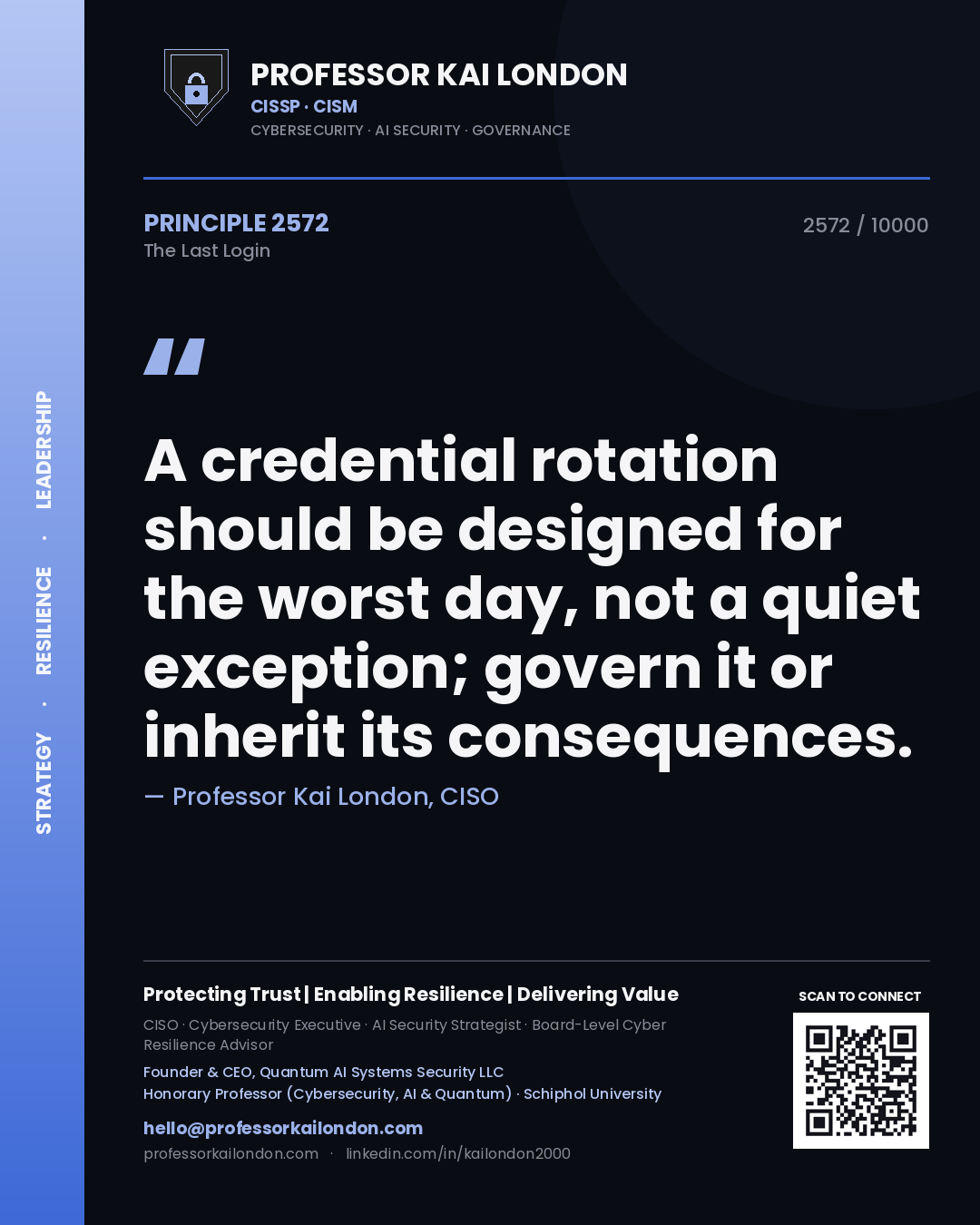 Professor Kai London principle 2572: A credential rotation should be designed for the worst day, not a quiet exception; govern it or inherit its consequences.