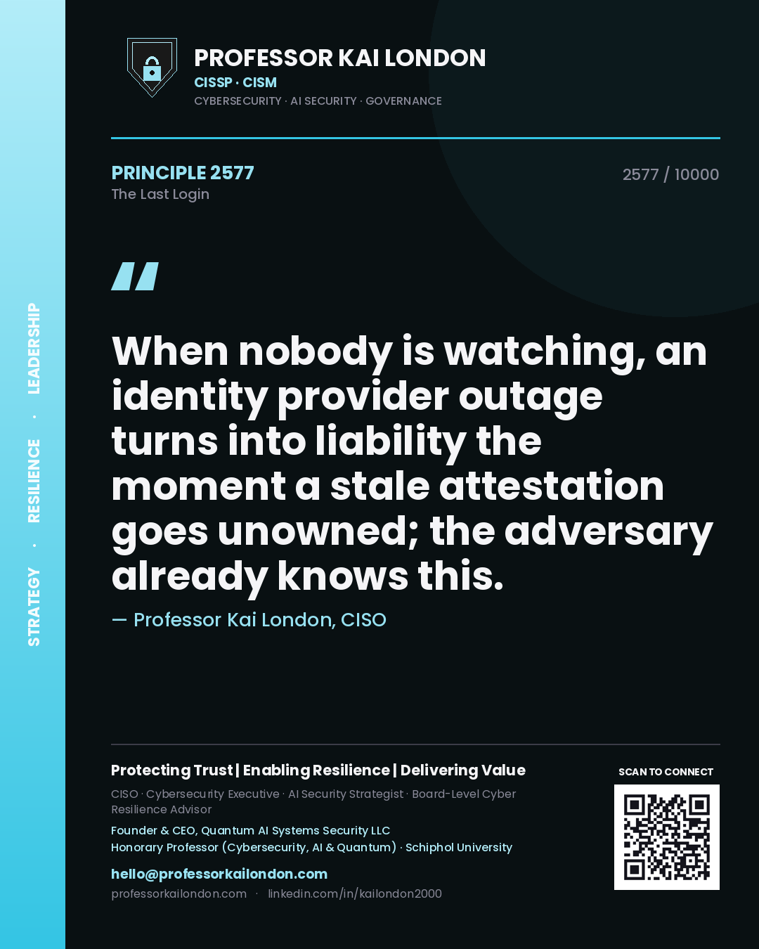 Quote card by Professor Kai London reading 'When nobody is watching, an identity provider outage turns into liability the moment a stale attestation goes unowned; the adversary already knows this.'. From the book The Last Login.