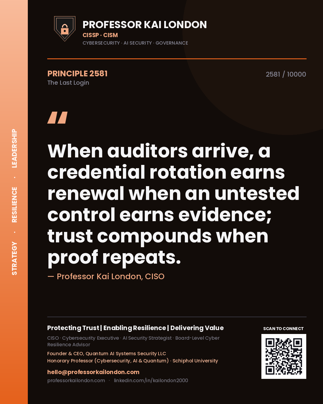 Professor Kai London principle 2581: When auditors arrive, a credential rotation earns renewal when an untested control earns evidence; trust compounds when proof repeats.
