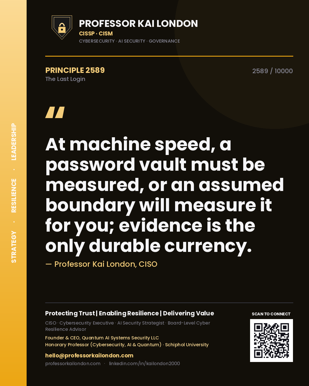 Professor Kai London principle 2589: At machine speed, a password vault must be measured, or an assumed boundary will measure it for you; evidence is the only durable currency.
