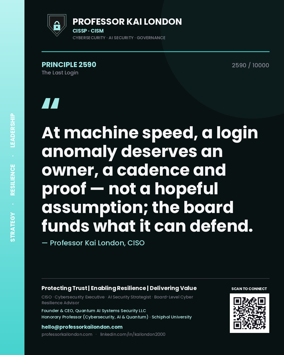 Professor Kai London principle 2590: At machine speed, a login anomaly deserves an owner, a cadence and proof — not a hopeful assumption; the board funds what it can defend.