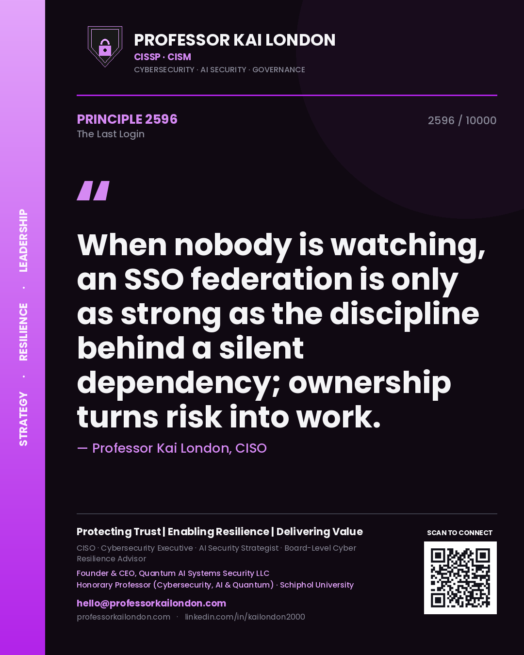 Professor Kai London principle 2596: When nobody is watching, an SSO federation is only as strong as the discipline behind a silent dependency; ownership turns risk into work.