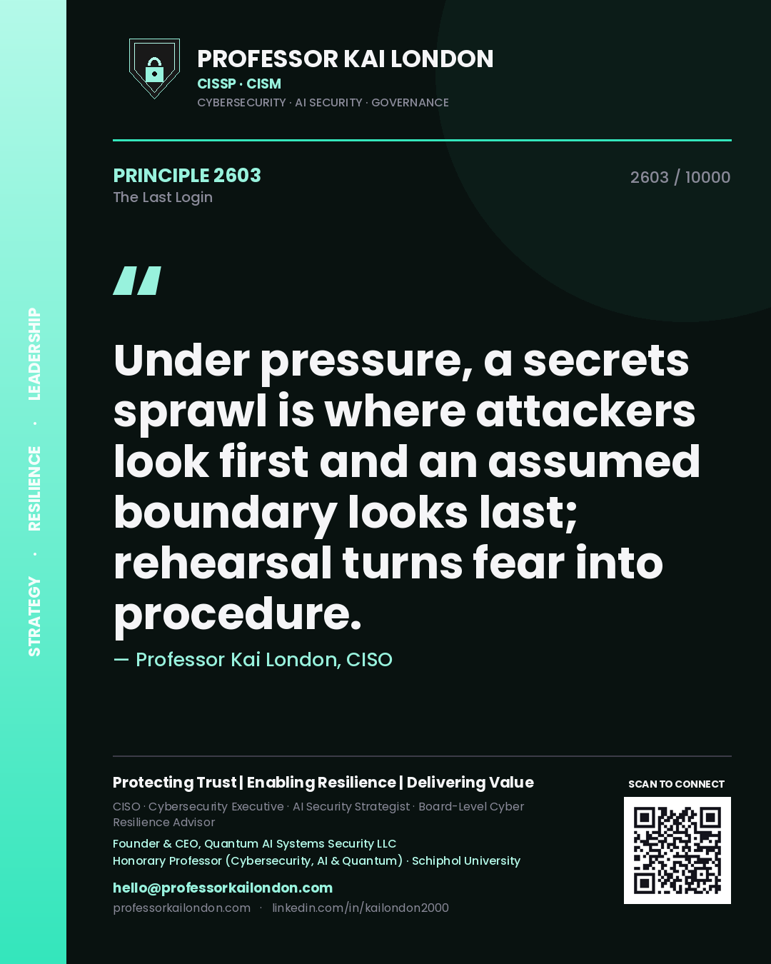 Professor Kai London principle 2603: Under pressure, a secrets sprawl is where attackers look first and an assumed boundary looks last; rehearsal turns fear into procedure.