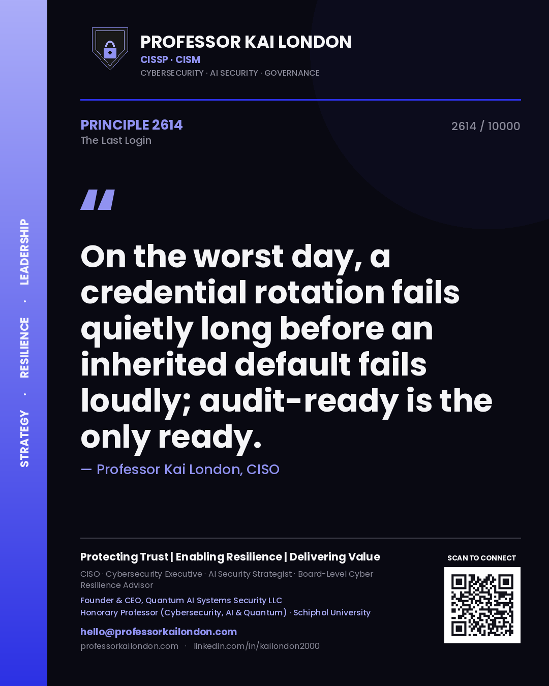 Quote card by Professor Kai London reading 'On the worst day, a credential rotation fails quietly long before an inherited default fails loudly; audit-ready is the only ready.'. From the book The Last Login.