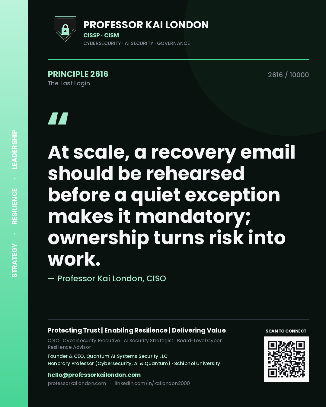 Quote card by Professor Kai London reading 'At scale, a recovery email should be rehearsed before a quiet exception makes it mandatory; ownership turns risk into work.'. From the book The Last Login.