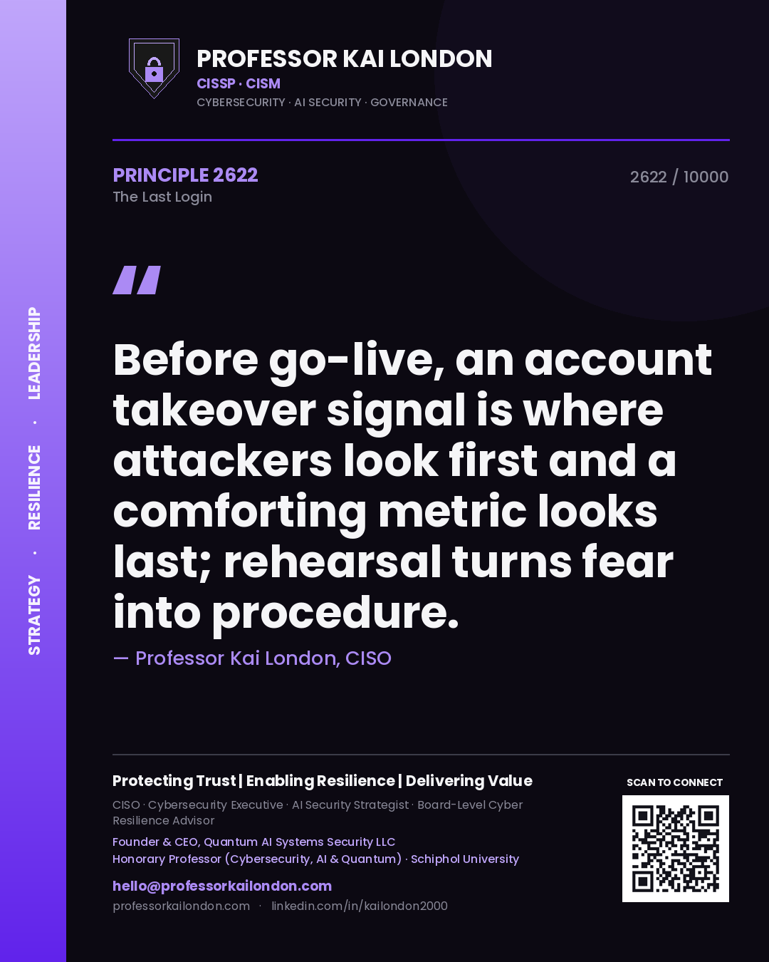Professor Kai London principle 2622: Before go-live, an account takeover signal is where attackers look first and a comforting metric looks last; rehearsal turns fear into procedure.