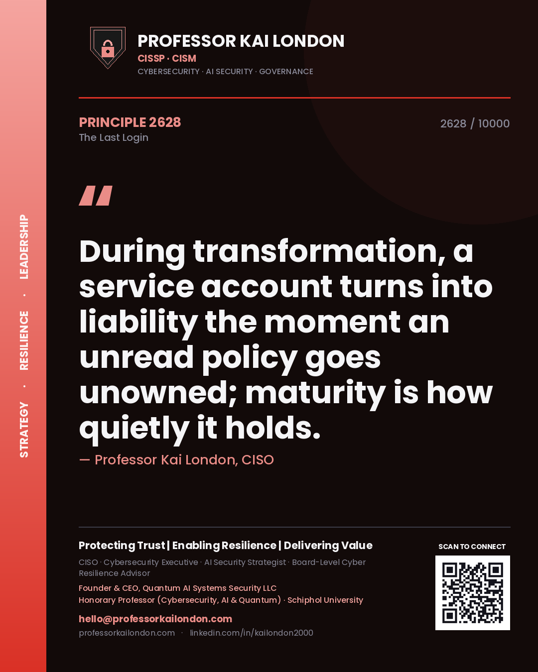 Professor Kai London principle 2628: During transformation, a service account turns into liability the moment an unread policy goes unowned; maturity is how quietly it holds.