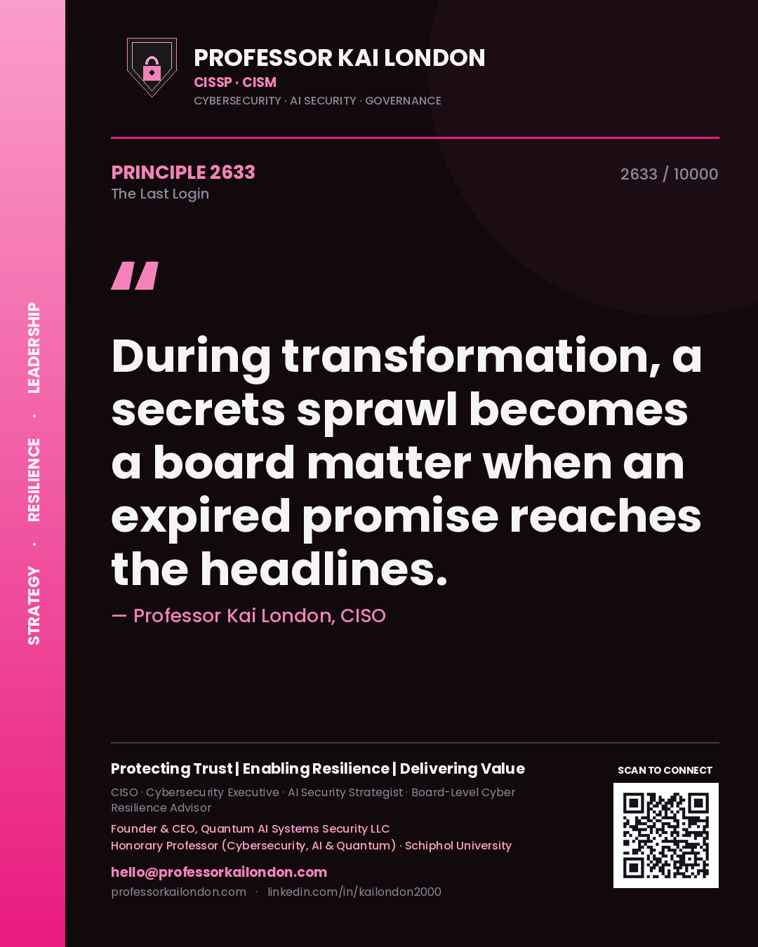 Professor Kai London principle 2633: During transformation, a secrets sprawl becomes a board matter when an expired promise reaches the headlines.