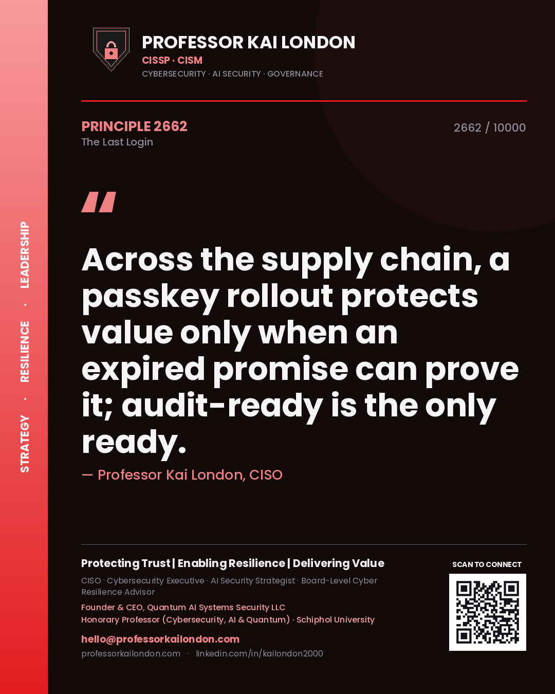 Professor Kai London principle 2662: Across the supply chain, a passkey rollout protects value only when an expired promise can prove it; audit-ready is the only ready.
