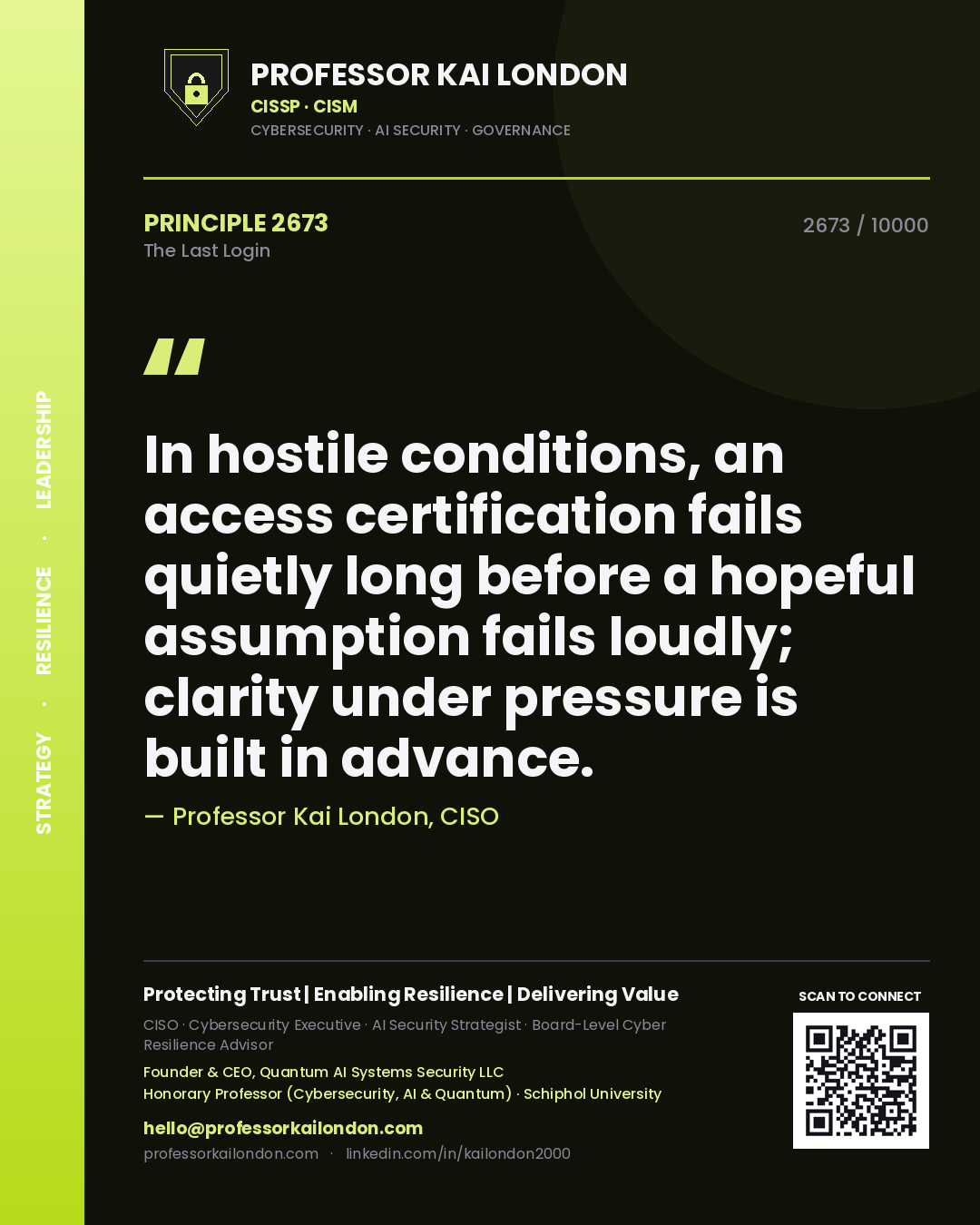 Professor Kai London principle 2673: In hostile conditions, an access certification fails quietly long before a hopeful assumption fails loudly; clarity under pressure is built in advance.