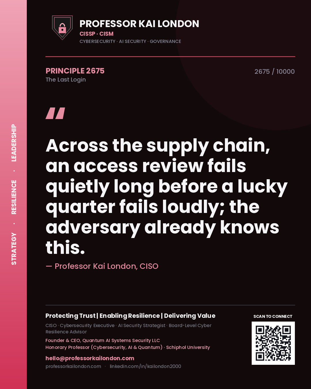 Quote card by Professor Kai London reading 'Across the supply chain, an access review fails quietly long before a lucky quarter fails loudly; the adversary already knows this.'. From the book The Last Login.