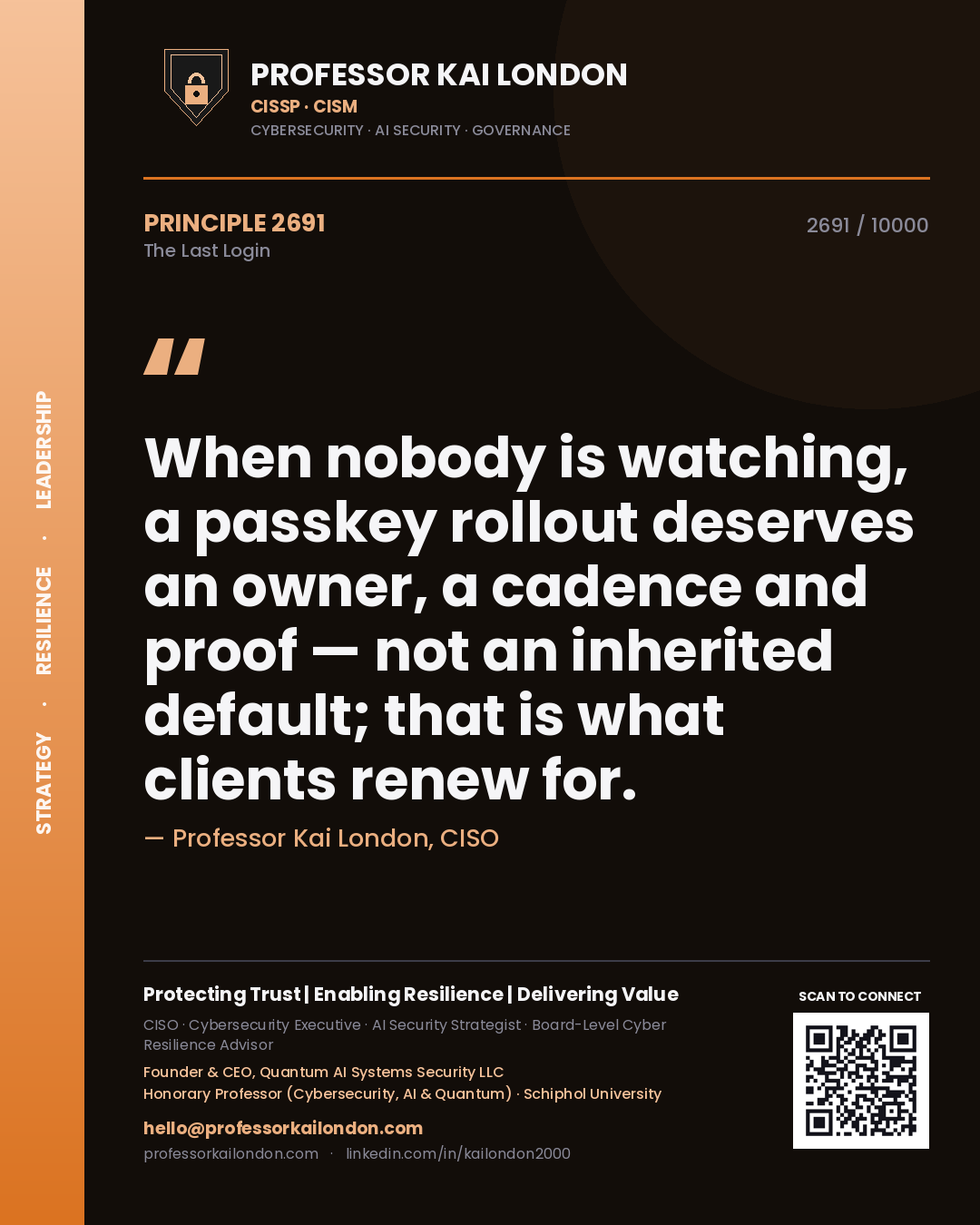 Professor Kai London principle 2691: When nobody is watching, a passkey rollout deserves an owner, a cadence and proof — not an inherited default; that is what clients renew for.