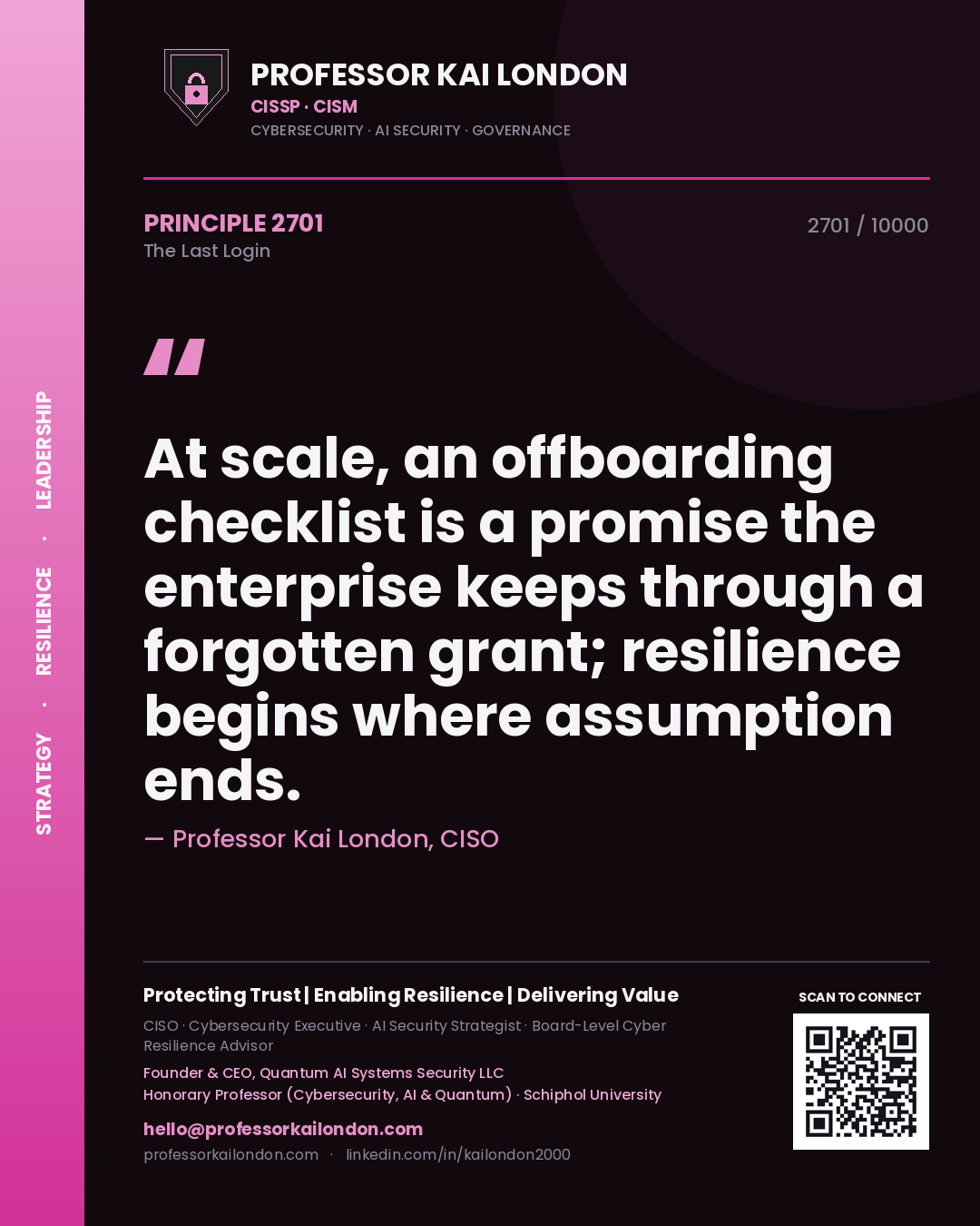 Quote card by Professor Kai London reading 'At scale, an offboarding checklist is a promise the enterprise keeps through a forgotten grant; resilience begins where assumption ends.'. From the book The Last Login.